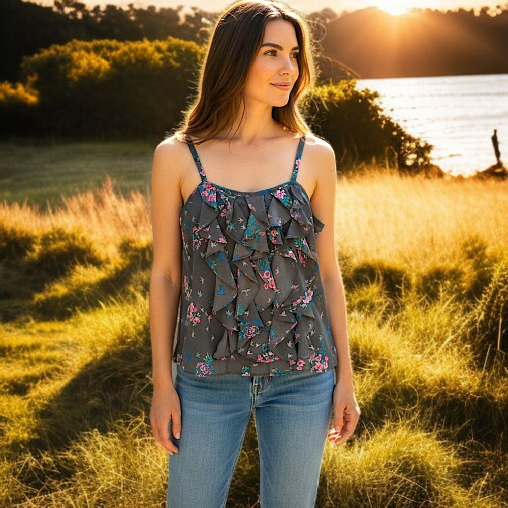 Y2K Ruffled Babydoll Tank Top M Cami Romantic Floral Birds Fairy Grunge Cottage